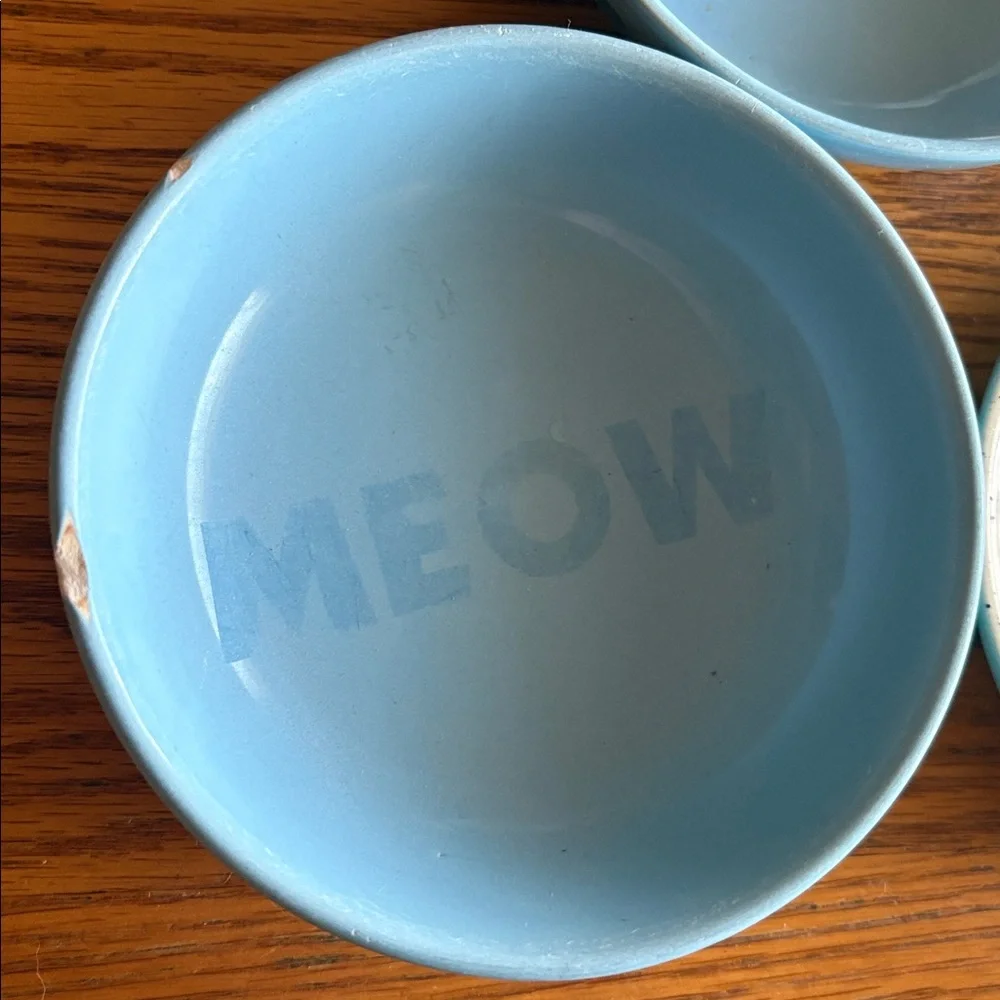 Set/5 Good used condition Blue Ceramic Pet Bowls Set with 'MEOW' and 'WOOF'